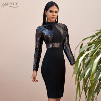 Adyce 2019 New Winter Sequined Long Sleeve Bandage Dress Sexy Bodycon Club Black Celebrity Evening Runway Party Dresses Vestidos